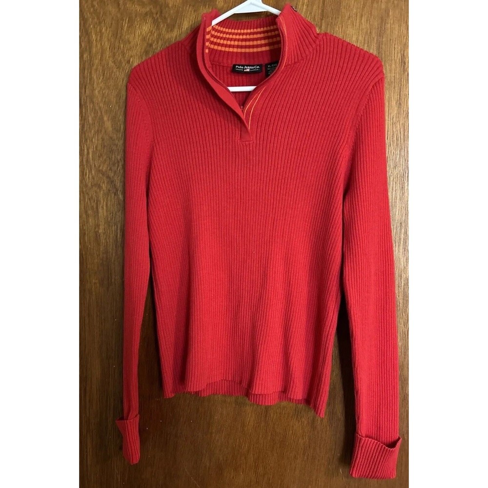 Polo Jeans Co Ralph Lauren Red 1/4 Zip Ribbed Knit Sweater Logo Womens Sz XL